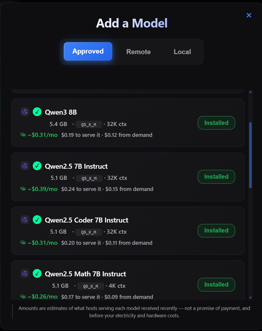 The Add a Model dialog in the desktop host: each approved model shows a monthly rate split into the amount earned for being able to serve it and the amount from real demand, with an estimate disclaimer pinned along the bottom