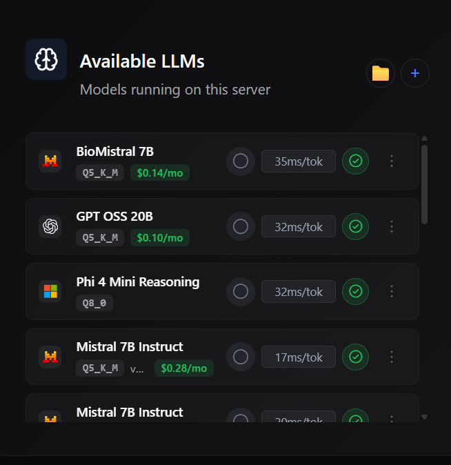 The Available LLMs panel in the desktop host, each installed model showing its quantisation, a green monthly rate chip, its measured speed and its trust state