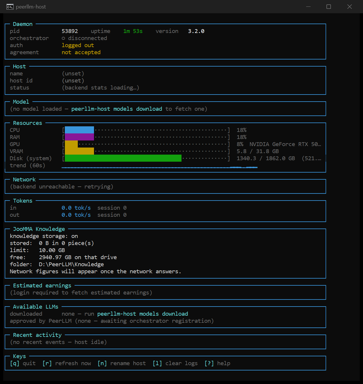 The PeerLLM command-line host dashboard in a terminal, with a JooMMA Knowledge panel showing storage on, a 10 GB quota and the storage folder.