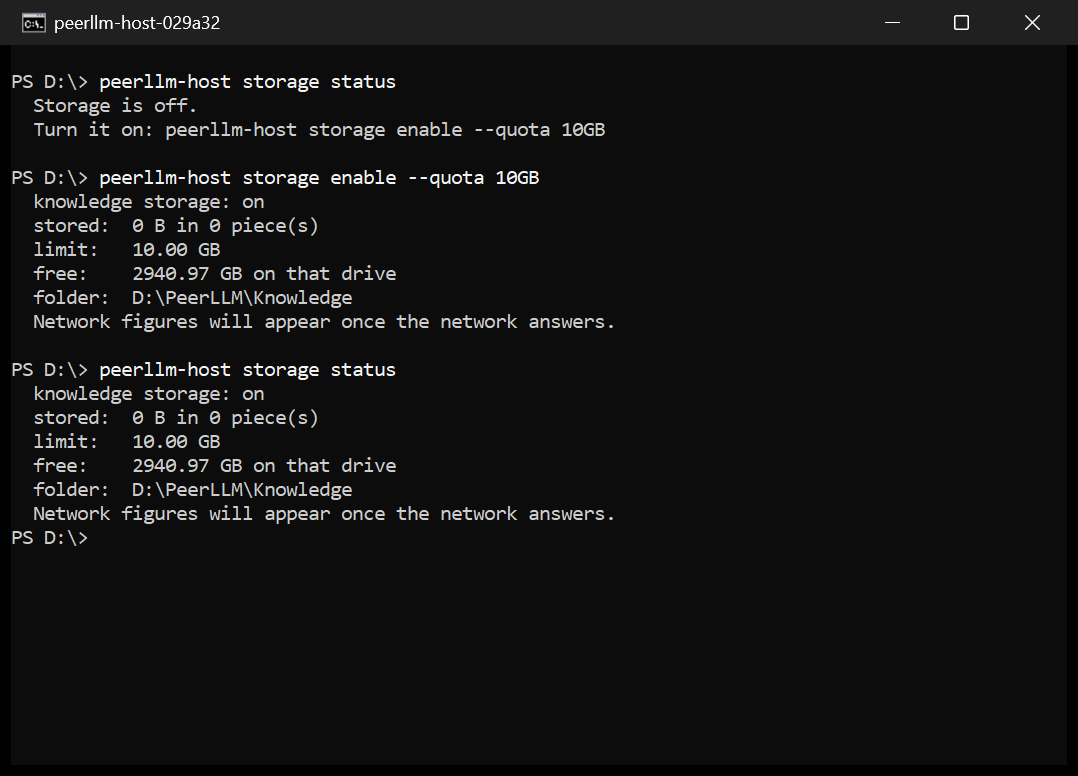 A terminal running the PeerLLM command-line host: storage status reports storage off, storage enable with a 10 GB quota turns it on, and a second storage status shows it on with the quota and folder.