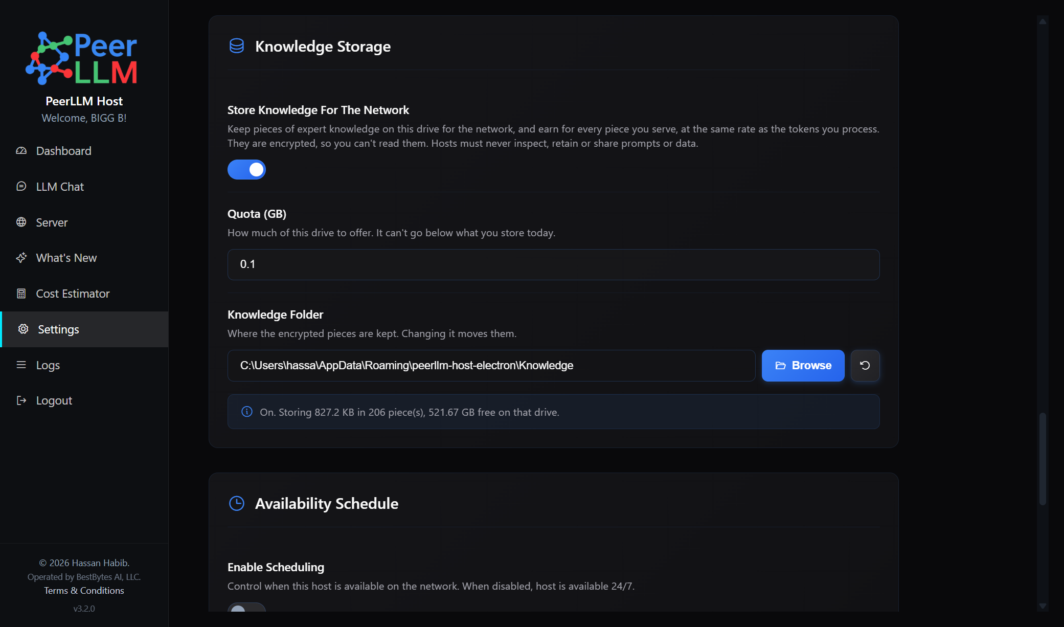 The Knowledge Storage section of the PeerLLM host Settings: a toggle to keep encrypted pieces of expert knowledge on this drive and earn for every piece served, a quota in gigabytes, the storage folder, and a status line reporting how much is stored and in how many pieces.