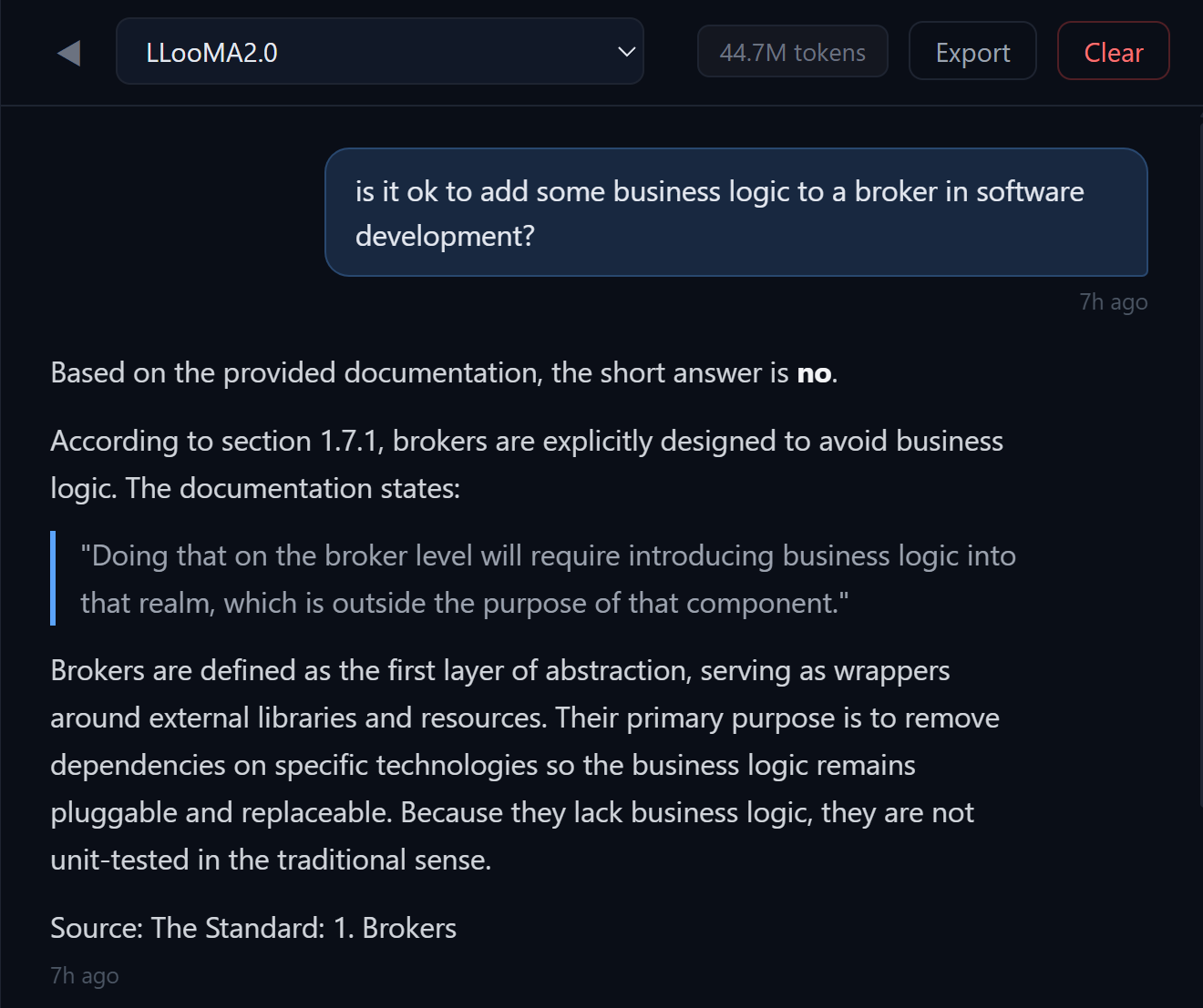 A PeerLLM chat with LLooMA2.0 selected as the model: asked whether it is ok to add some business logic to a broker, LLooMA2.0 answers no, quotes The Standard on why business logic is outside a broker's purpose, explains that brokers wrap external resources so business logic stays pluggable, and ends with the line Source: The Standard: 1. Brokers.