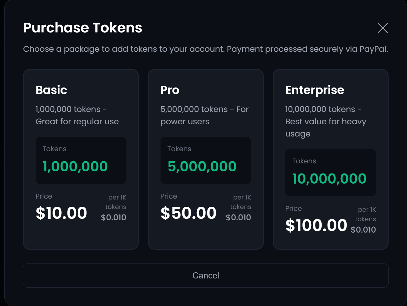 Purchasing tokens in PeerLLM Hosting portal.