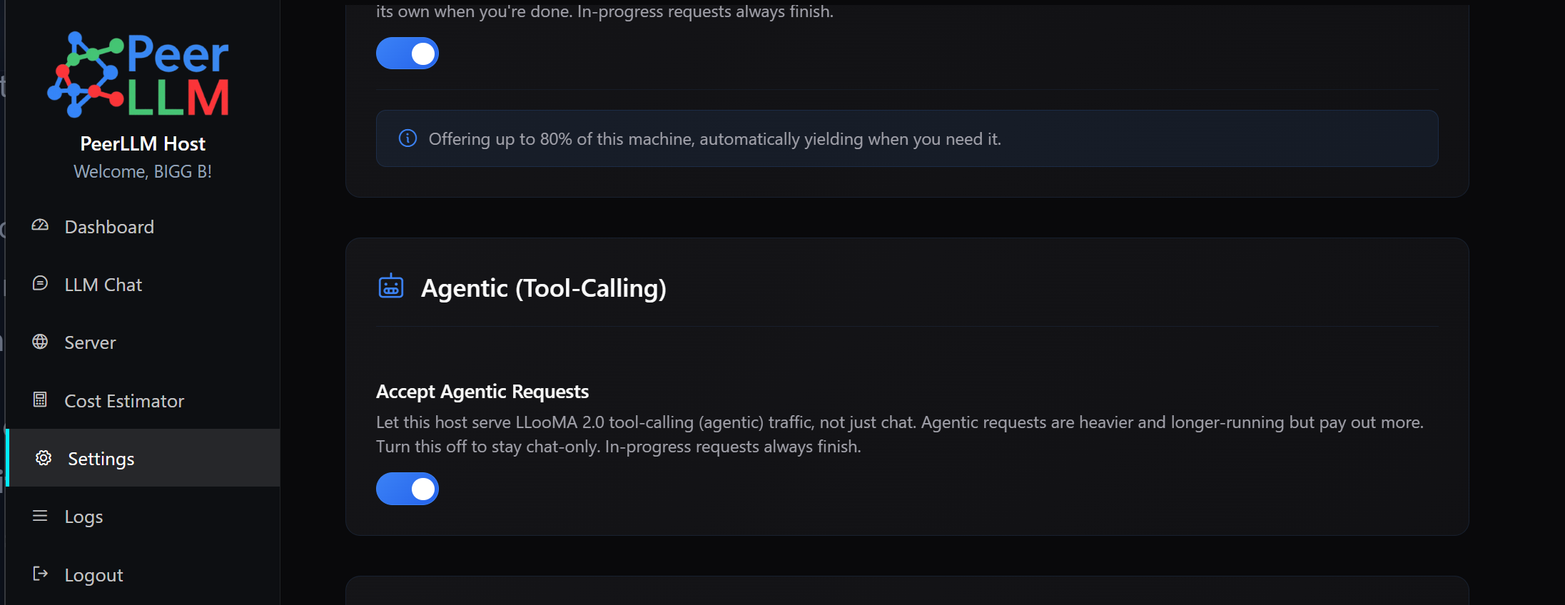 The PeerLLM host Settings page showing the Agentic (Tool-Calling) section with an Accept Agentic Requests toggle switched on