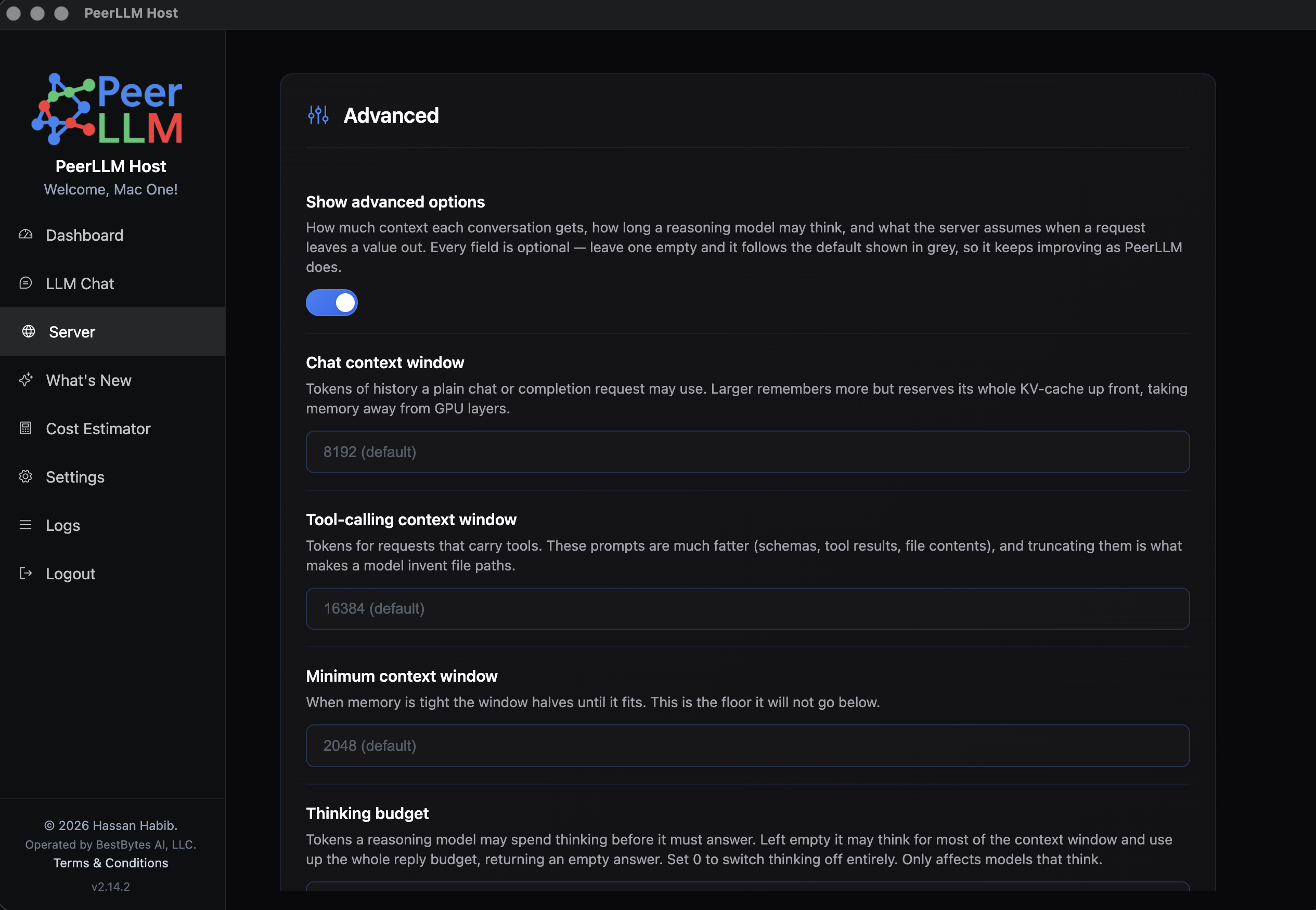 The Advanced section of the PeerLLM host Server page, showing Chat context window, Tool-calling context window, Minimum context window and Thinking budget, each field empty with its default shown in grey placeholder text