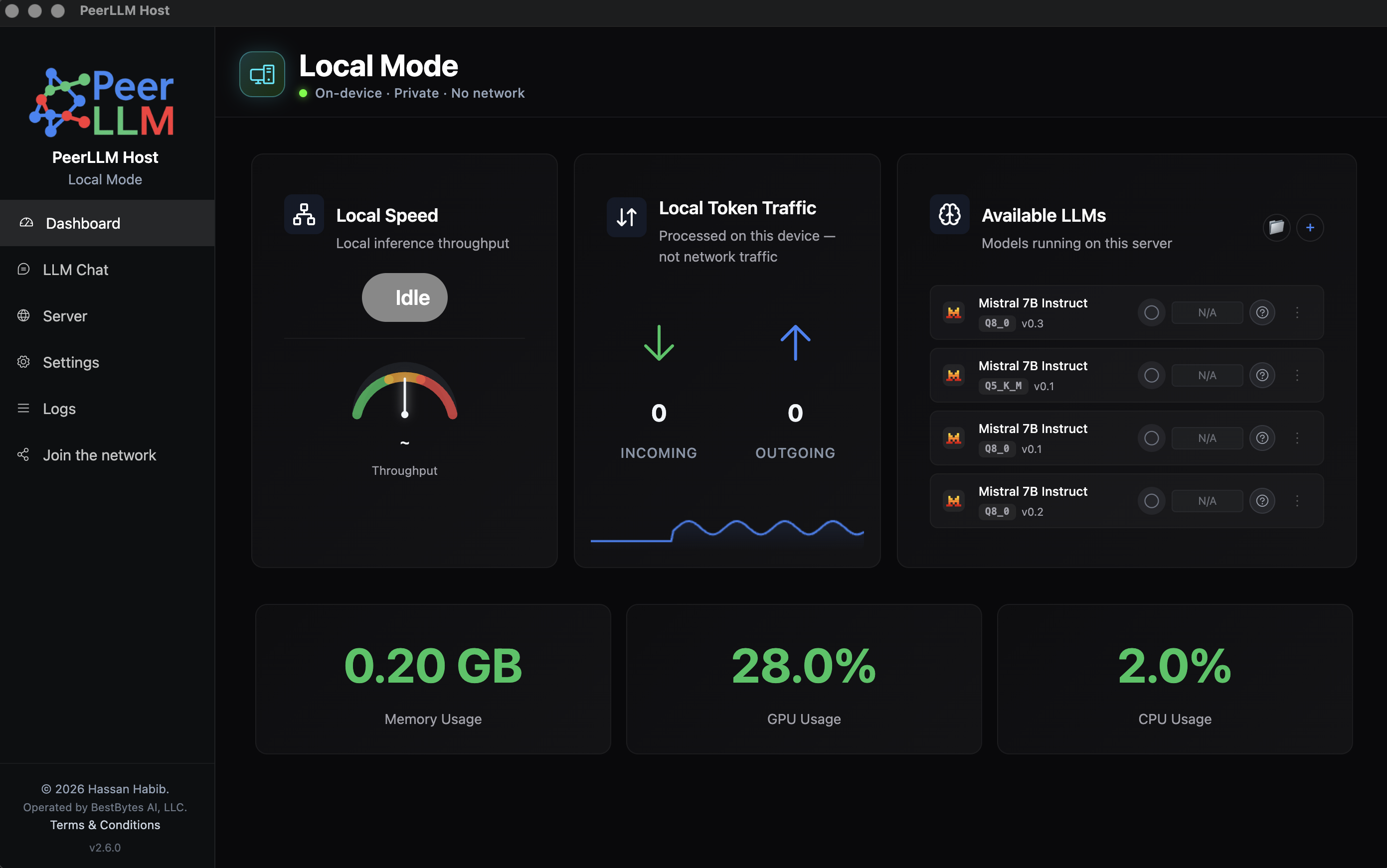 The Local Mode dashboard showing Local Speed, Local Token Traffic, Available LLMs, and live memory, GPU, and CPU usage