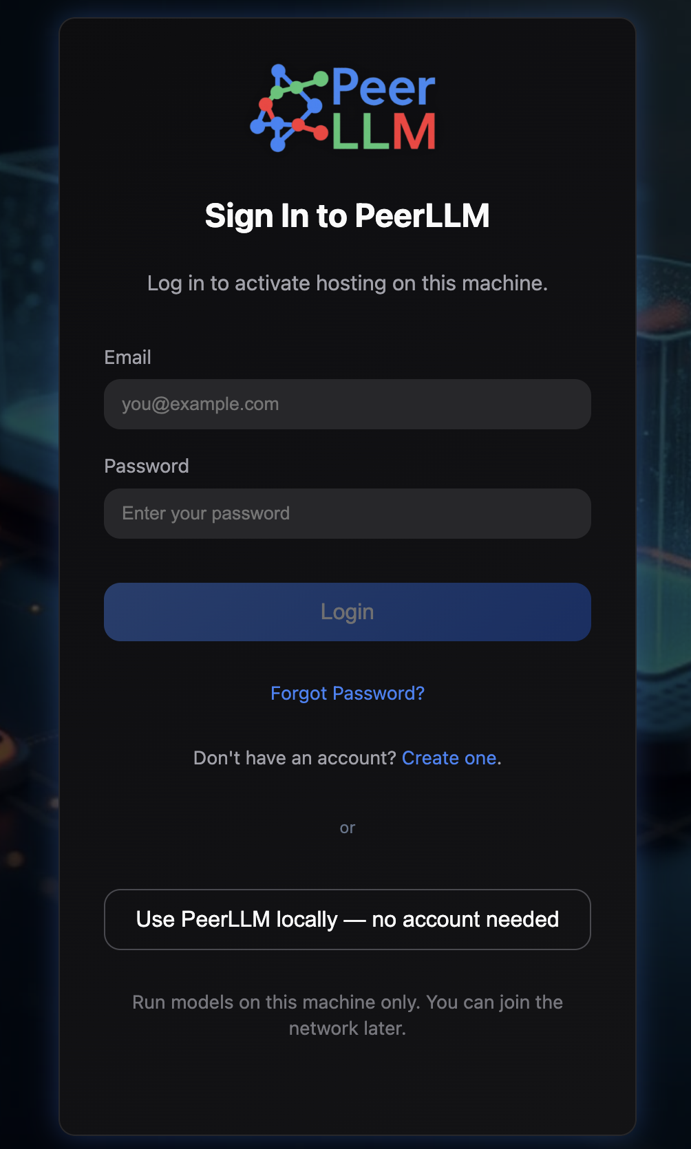 The sign-in screen with the option to use PeerLLM locally with no account