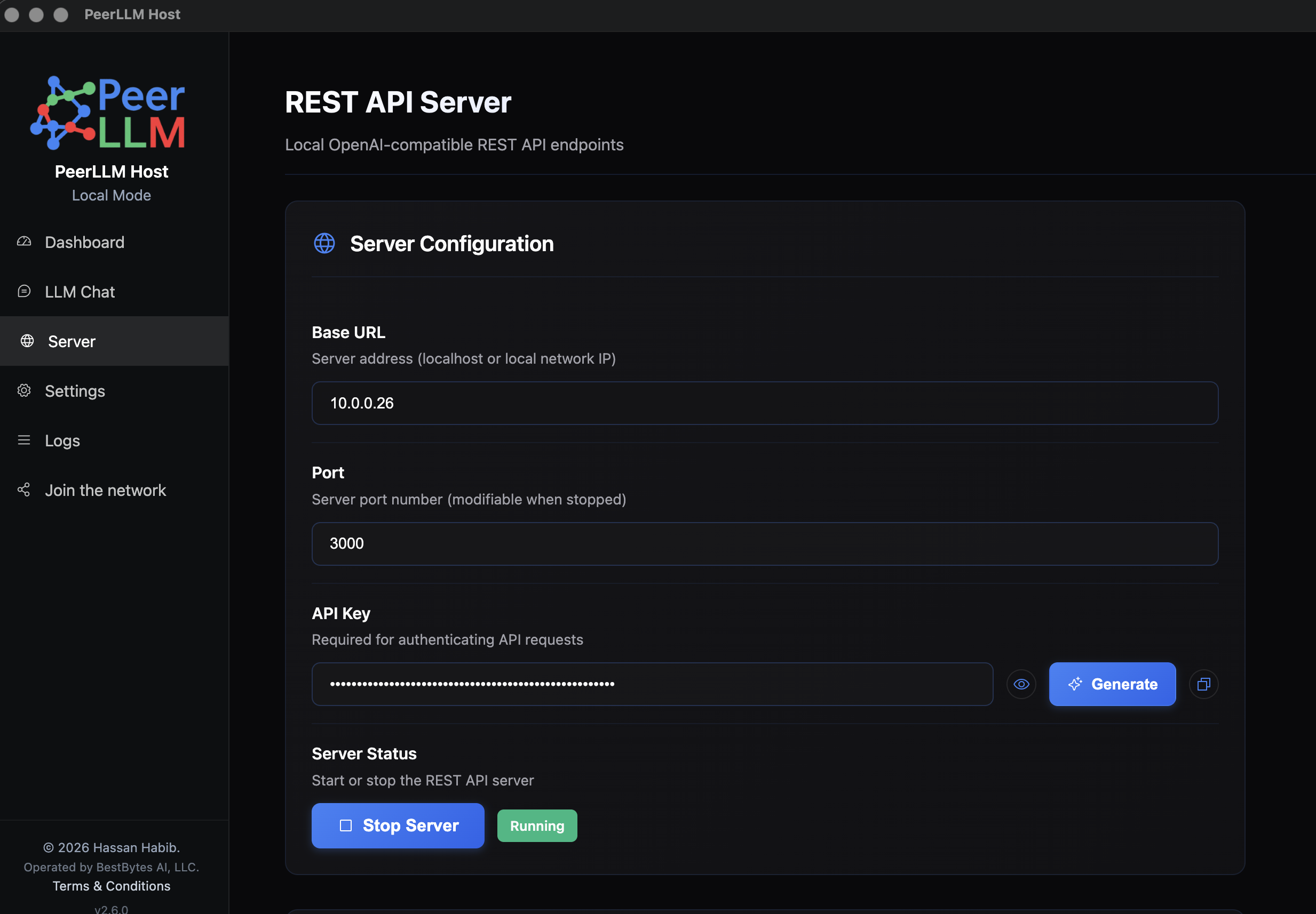 The PeerLLM Server page showing the local REST API Base URL, Port, a Generate button for the API key, and server status