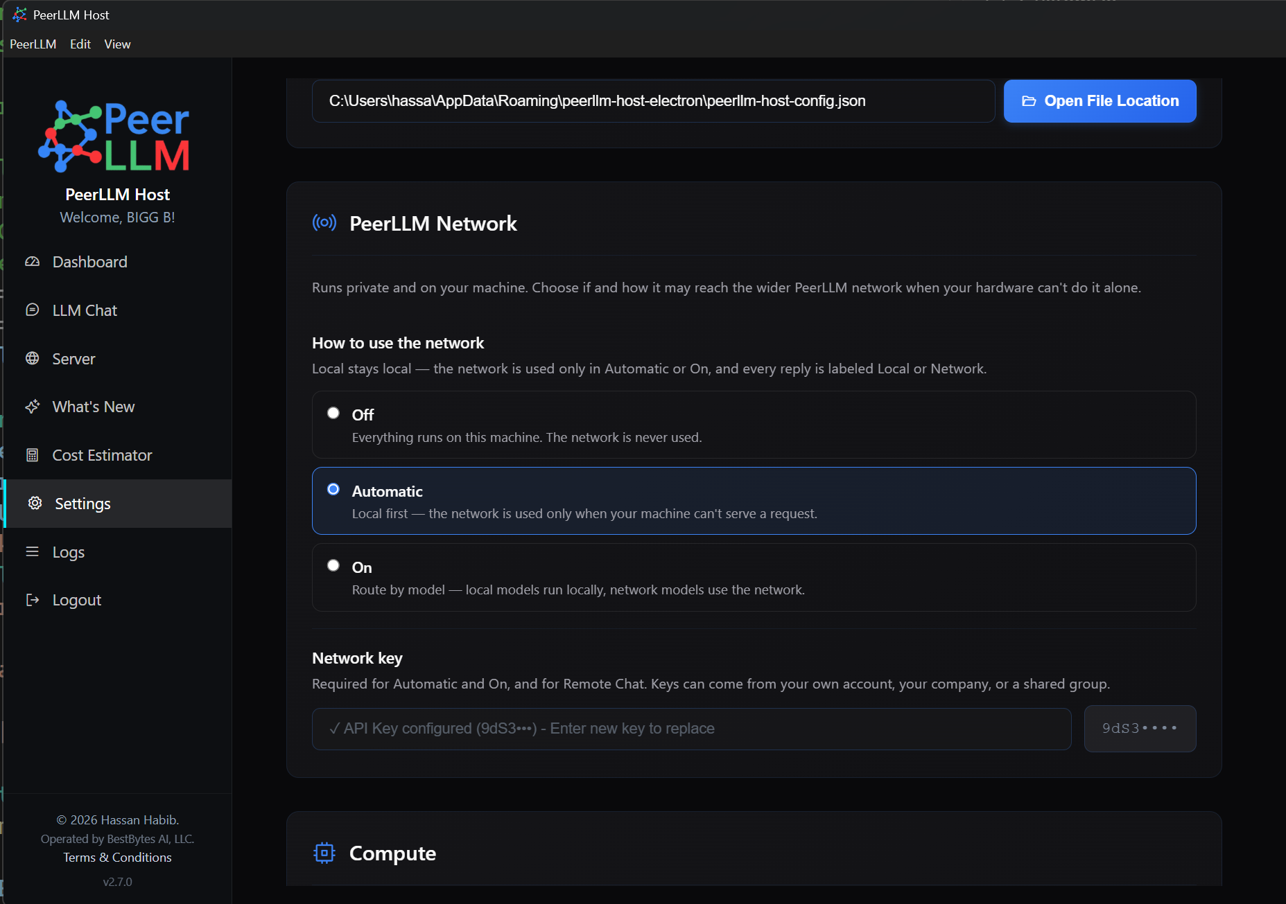 The PeerLLM Network settings section showing the Off, Automatic, and On mode selector with descriptions, and the Network key field