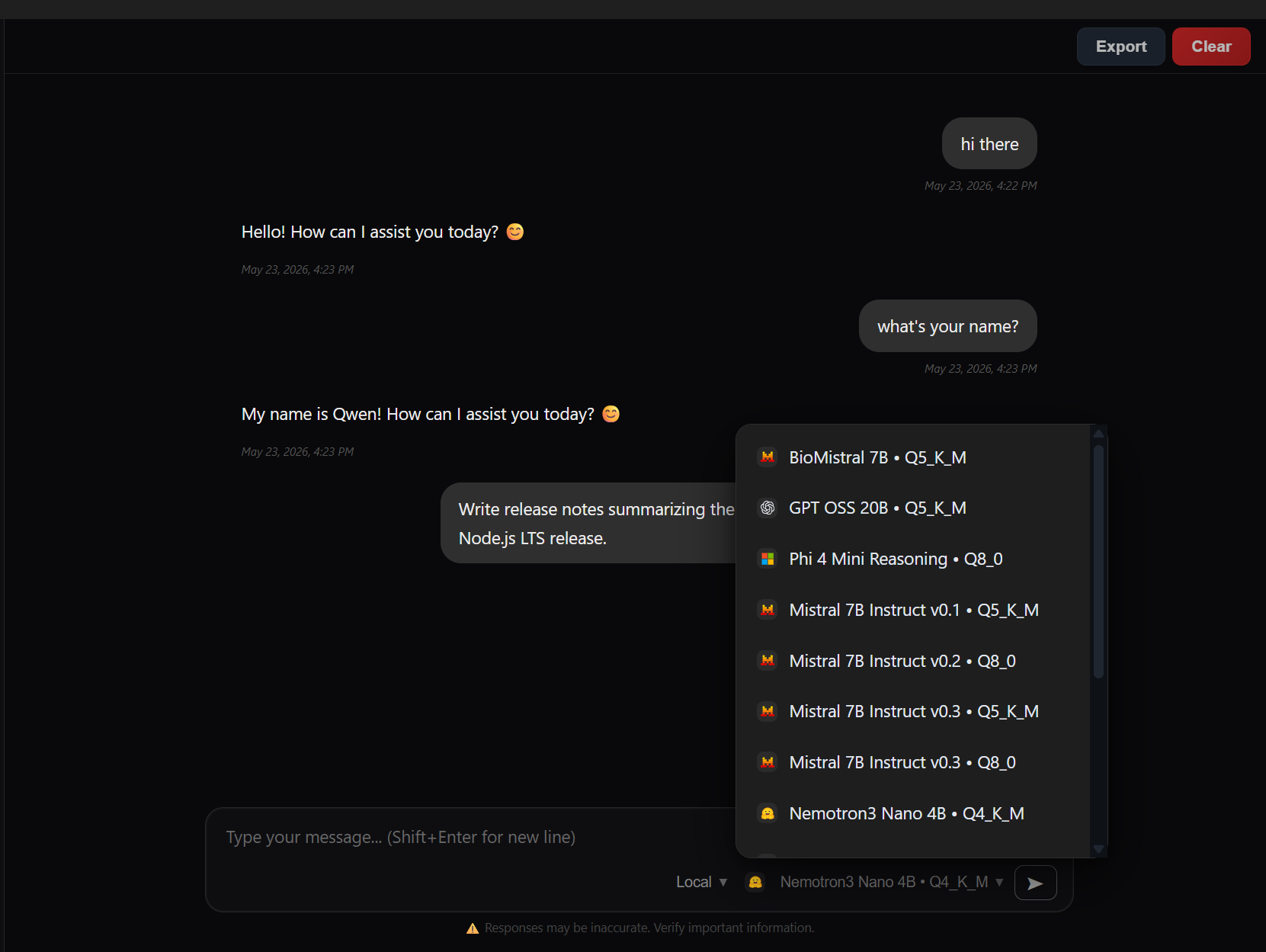 The LLM Chat model picker listing one model per line — BioMistral 7B, GPT OSS 20B, Phi 4 Mini Reasoning, and Mistral 7B Instruct v0.1, v0.2, and v0.3 — each with its version and quantization