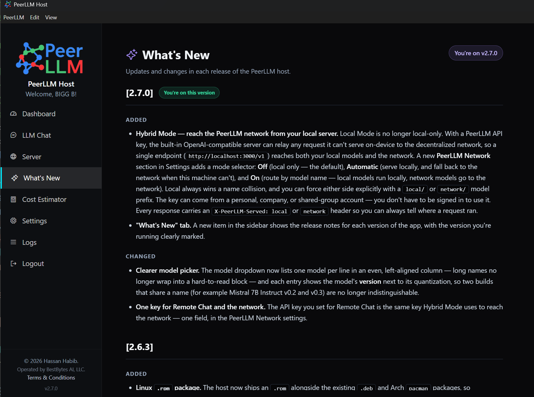 The What's New tab in the PeerLLM host app, showing the v2.7.0 release notes with the current version marked You're on this version